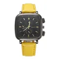 Macro detail of square quartz watch with yellow leather strap and matte black dial - Yellow