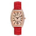 Women's rose gold tonneau quartz watch with diamond bezel and red leather strap - Red