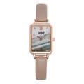 Detail of rose gold rectangular watch featuring a green marble dial and leather strap - Beige