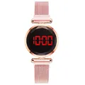 Detail of rose gold mesh band and faceted black LED dial on women digital watch - Pink