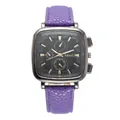 Detail view of the Amadi square watch face featuring black dial and purple leather strap - Purple