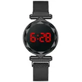 Orologio digitale LED da donna con cinturino in maglia milanese nera e vetro sfaccettato - Nero