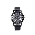 Fashionable black mesh strap watch with skeleton mechanical style dial and Roman numerals - Black