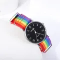 Minimalist quartz watch with colorful nylon rainbow strap and black Roman numeral dial - Black Dial Rainbow Strap