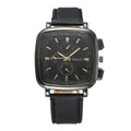 Classic square black leather watch with golden markers and textured strap on white background - Black