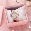 Montre femme élégante or rose avec bracelet cuir rouge et bracelet breloque étoile - Montre+Bracelet+Boîte / Rouge
