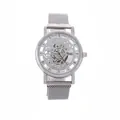 Men's silver hollow dial quartz watch with mesh magnetic strap and Roman numerals - Silver