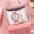 Damen-Uhren-Set in Roségold mit rosa Lederarmband und Armband in Geschenkbox - Rosa + Armband + Box
