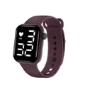 Detail view of square LED electronic watch with silicone strap and digital display - Purple