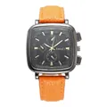 Detail of square quartz watch with black dial and orange leather strap on white background - Orange