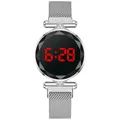 Women's silver LED digital watch with Milanese magnetic strap and faceted glass - Silver