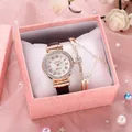 Damen-Quarzuhr und goldenes Stern-Armband in rosa Geschenkbox mit floralen Akzenten - Braun + Armband + Box
