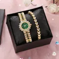 Conjunto de reloj dorado y pulsera de corazón con gemas verdes en caja de regalo premium - Juego de Caja de Regalo Reloj Pulsera / Dorado Circonita Verde