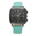 Detailed close-up of a square black watch dial with Amadi logo and blue leather strap - Mint Green