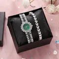 Reloj de mujer verde esmeralda y pulsera de corazón plateada en caja de regalo - Juego de Caja de Regalo Reloj Pulsera / Plata Piedra Verde