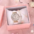 Damenarmbanduhr in Roségold mit römischen Ziffern und Diamantarmband in Geschenkbox - Weiße Uhr Set mit Armband und Geschenkbox