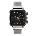 Close-up of the square black dial with gold markers and silver mesh metal watch band - Silver