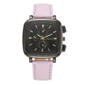 Close-up of square black watch dial with gold markers and pink textured leather strap - Pink