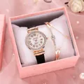 Elegantes Damen-Quarzuhren-Set in Roségold mit Strass-Lünette und schwarzem Lederarmband - Schwarz + Armband + Box