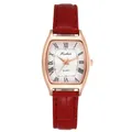 Fashionable tonneau rose gold quartz watch with Roman numerals and red leather strap - Red