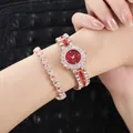 Reloj de cuarzo para mujer en oro rosa con pulsera de diamantes y esfera de cielo estrellado - Juego de Reloj y Pulsera / Oro Rosa Diamante Rojo