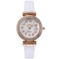 Elegant rose gold watch with white leather strap and sparkling rhinestone bezel - Watch / White