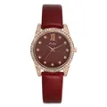 Orologio elegante da donna con cinturino in pelle rossa, lunetta con strass e cassa oro rosa - Borgogna