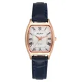 Detail view of tonneau watch with Roman numerals and blue embossed leather strap - Blue