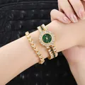 Reloj de mujer dorado con esfera verde y pulsera de corazón con pedrería brillante - Juego de Reloj y Pulsera / Dorado Circonita Verde