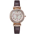 Close-up of rose gold crystal bezel and brown crocodile leather strap on Amadi quartz watch - Watch / Brown