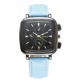 Close-up of square black watch dial with gold markers and light blue leather strap - Sky Blue