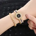 Detalle de reloj dorado para mujer con esfera estrellada y pulsera de corazones joya - Juego de Reloj y Pulsera / Chapado en Oro Circonita Azul