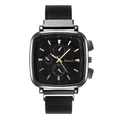 Business style square quartz watch with black mesh strap and golden indices on black dial - Black