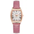 Pink leather strap quartz watch with Roman numerals and tonneau rose gold case - Pink