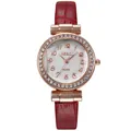 Fashion women quartz watch with red leather strap and sparkling crystal bezel - Watch / Red