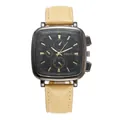 Detail of Amadi square watch showing black dial, gold markers and leather texture strap - Khaki