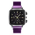 Detailed close-up of square black dial with rose gold markers and purple mesh metal strap - Purple
