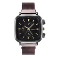 Detail of square quartz watch with black dial, sub-dials, and purple Milanese mesh band - Coffee
