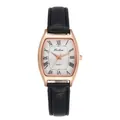 Elegant tonneau-shaped quartz watch for women with rose gold case and black leather strap - Black
