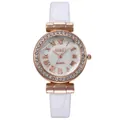 Orologio al quarzo da donna con lunetta diamantata oro rosa e cinturino in pelle bianca, frontale - Bianco