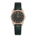 Detail of a dark green leather strap watch with diamond-encrusted rose gold bezel - Green