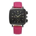 Detail view of Amadi square quartz watch with black dial and rose red leather strap - Rose Red