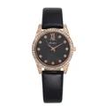 Fashion women's watch with rose gold diamond case, black texture dial and leather band - Black