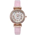 Damen-Quarzuhr mit rosa Lederarmband, Roségold-Strass-Lünette und römischen Ziffern - Rosa