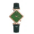 Fashion women's watch featuring a green rhombic dial and rose gold case with leather strap - Green