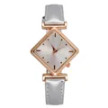 Minimalist women's quartz watch with rose gold rhombic case and grey leather strap - White