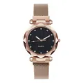 Elegante rotgoldene Damenquarzuhr mit sternenklarem schwarzem Zifferblatt und Magnetband - Schwarz