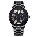 Close-up of black racing car wheel rim design watch dial with blue luminous hands - Blue