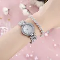 Elegante set orologio da donna argento e bracciale a cuore con strass brillanti - Orologio Argento E Bracciale Cuore