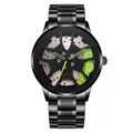 Men's car-inspired watch with hollow hub wheel dial and green caliper on black steel band - Green